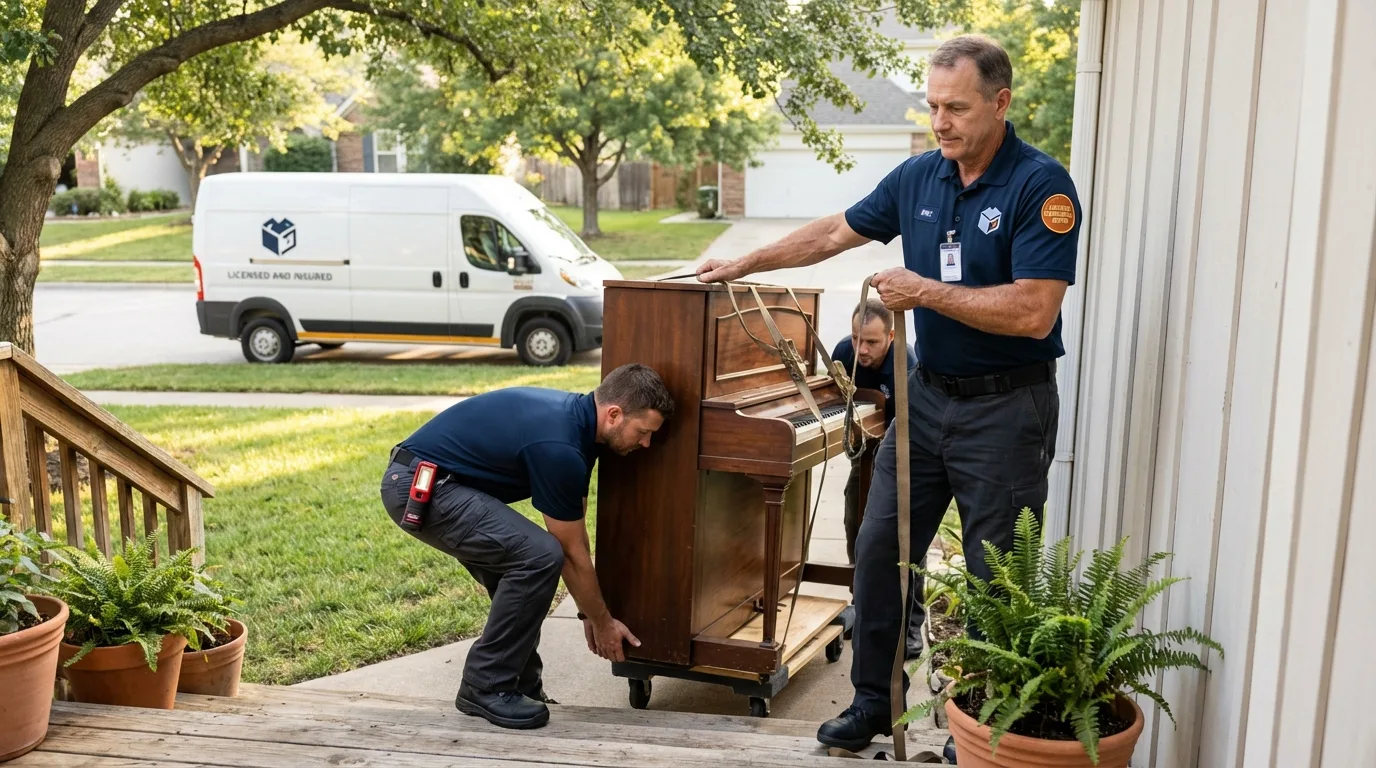 Licensed piano movers securing grand piano in Keenesburg, CO