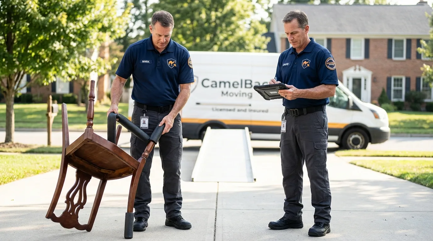 Movers inspecting furniture for damage prevention before loading in Keenesburg, CO