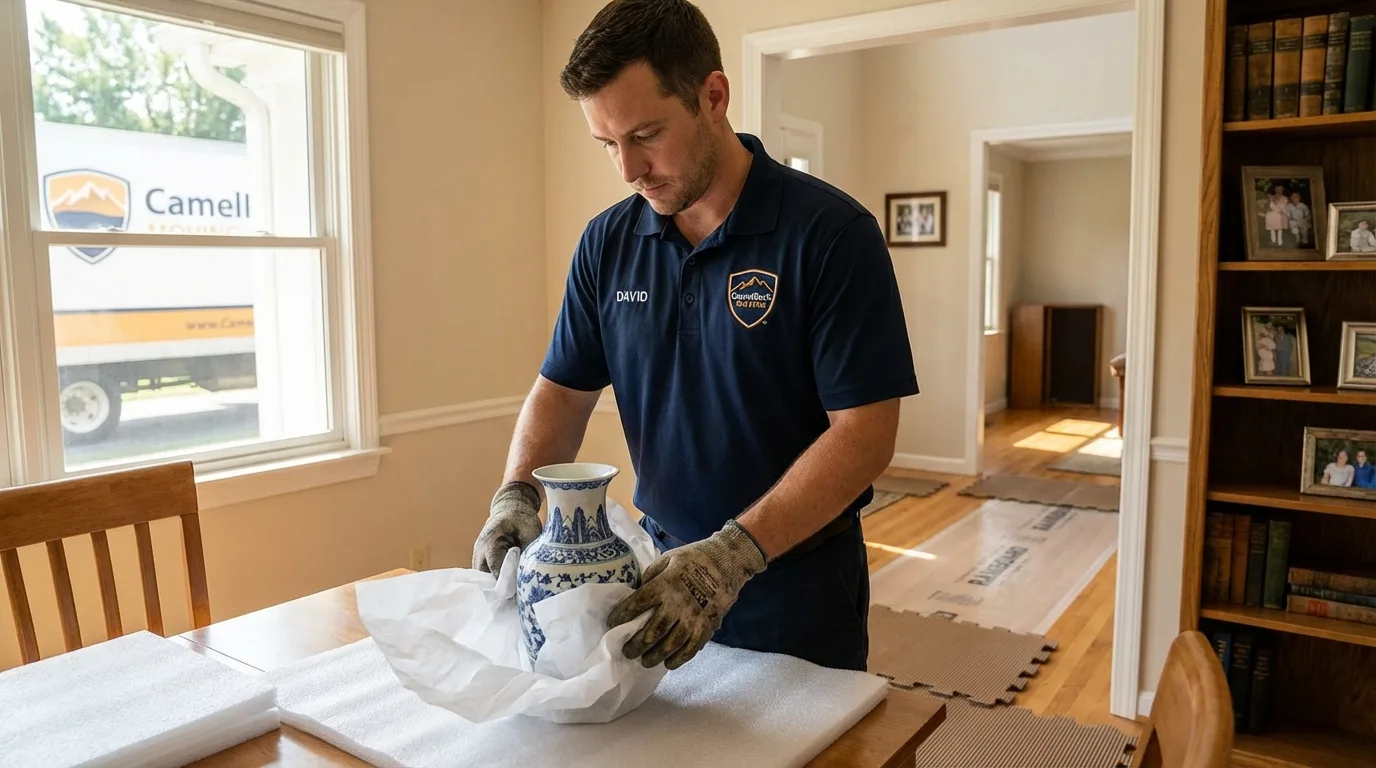 Professional crew carefully wrapping antique vase for senior downsizing move in Keenesburg, CO